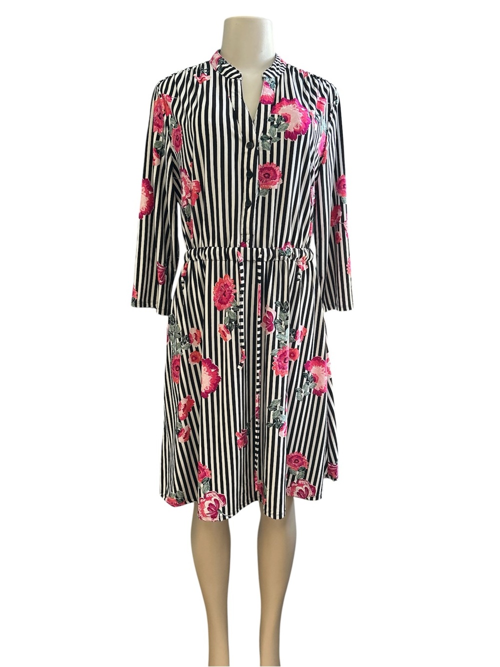 Robert Louis Black & White Striped Midi Dress with Pink Floral Print Size Large